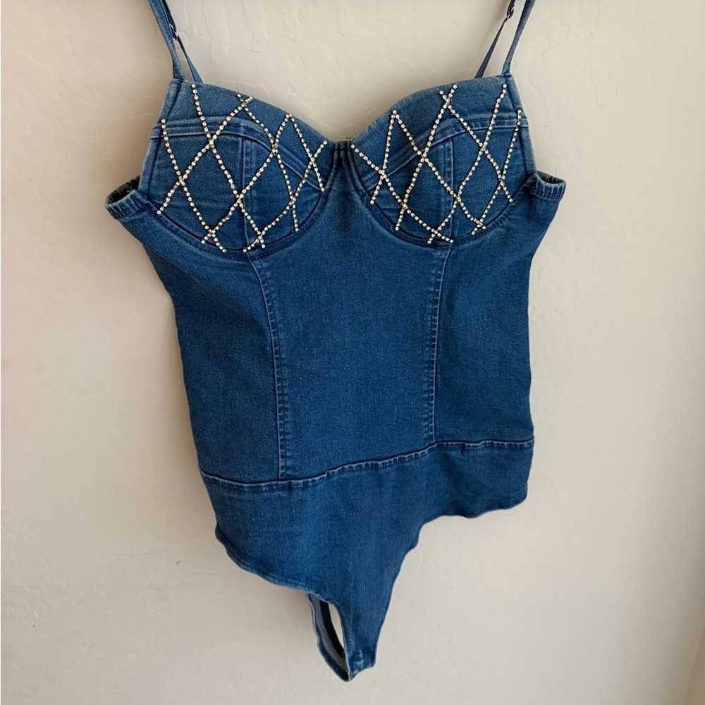 Forever 21 Denim Bodysuit with White Detailing